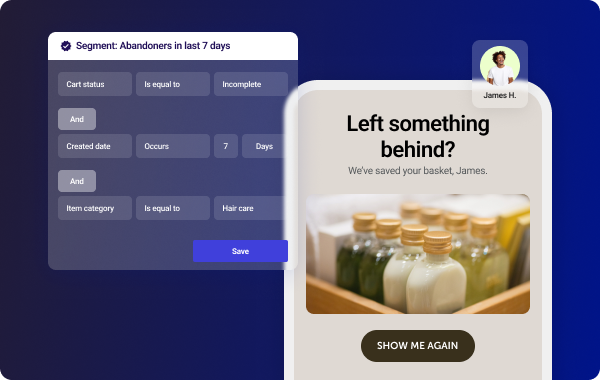 Mobile phone UI showing a customer's abandoned online shopping cart